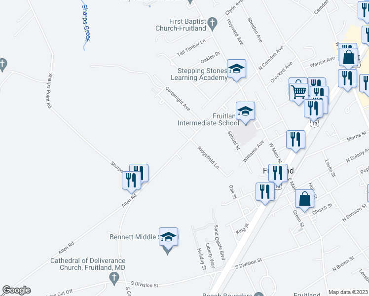 map of restaurants, bars, coffee shops, grocery stores, and more near 311 South Camden Avenue in Fruitland