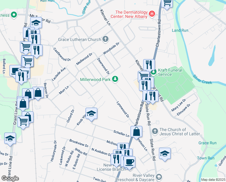 map of restaurants, bars, coffee shops, grocery stores, and more near 1766 Lynnwood Drive in New Albany