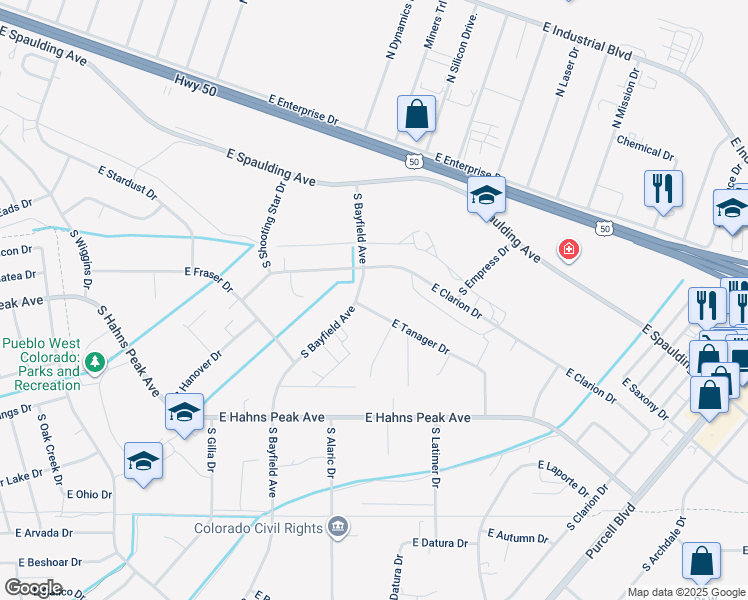 map of restaurants, bars, coffee shops, grocery stores, and more near 206 South Bayfield Avenue in Pueblo West