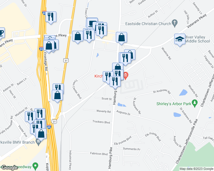 map of restaurants, bars, coffee shops, grocery stores, and more near 1610 Charlestown New Albany Road in Jeffersonville