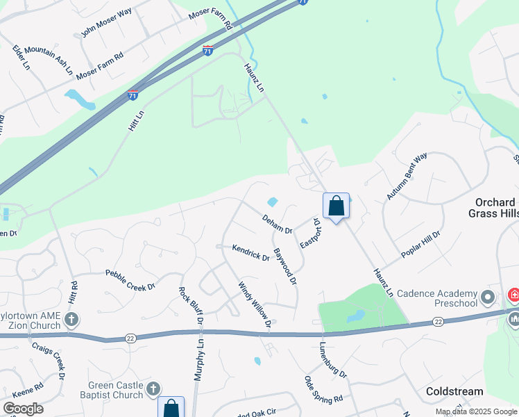 map of restaurants, bars, coffee shops, grocery stores, and more near 11409 Deham Drive in Louisville