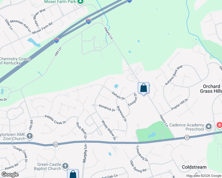 map of restaurants, bars, coffee shops, grocery stores, and more near 11409 Deham Drive in Louisville