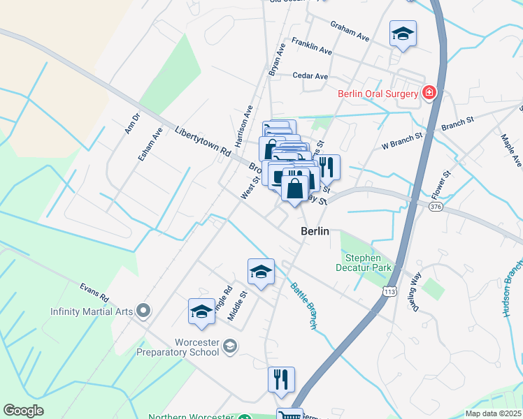 map of restaurants, bars, coffee shops, grocery stores, and more near 202 Washington Street in Berlin