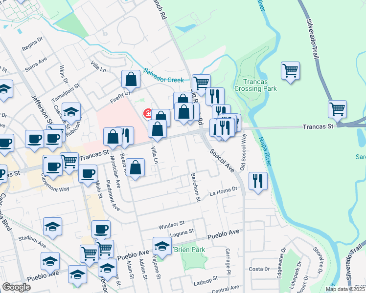 map of restaurants, bars, coffee shops, grocery stores, and more near 705 Trancas Street in Napa