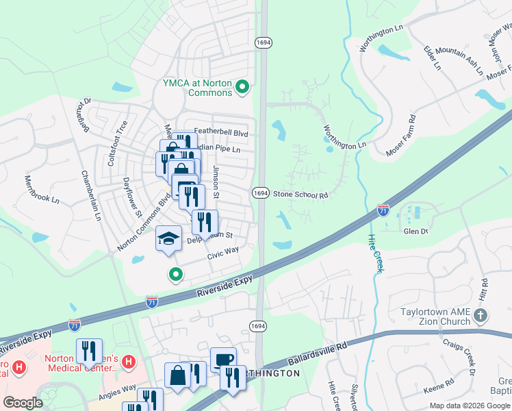 map of restaurants, bars, coffee shops, grocery stores, and more near 10601 Kings Crown Drive in Prospect