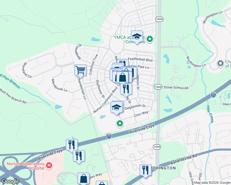 map of restaurants, bars, coffee shops, grocery stores, and more near 9308 Norton Commons Boulevard in Prospect