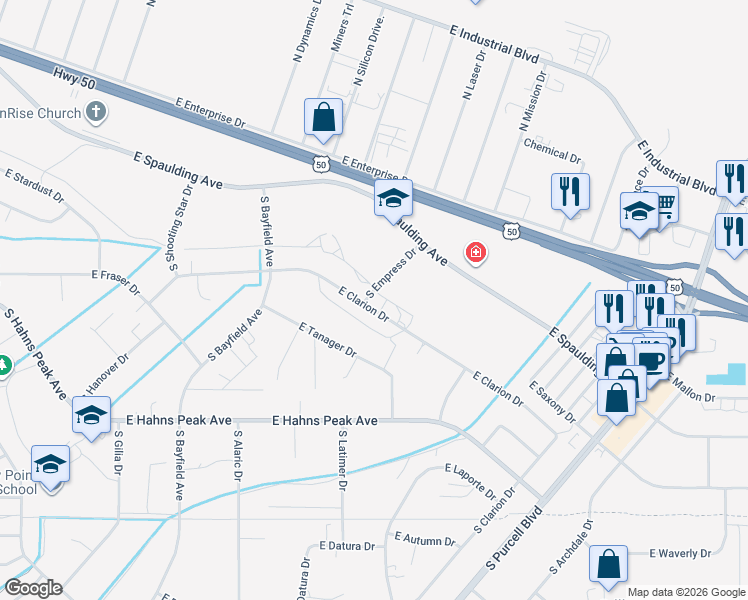 map of restaurants, bars, coffee shops, grocery stores, and more near 198 South Empress Drive in Pueblo