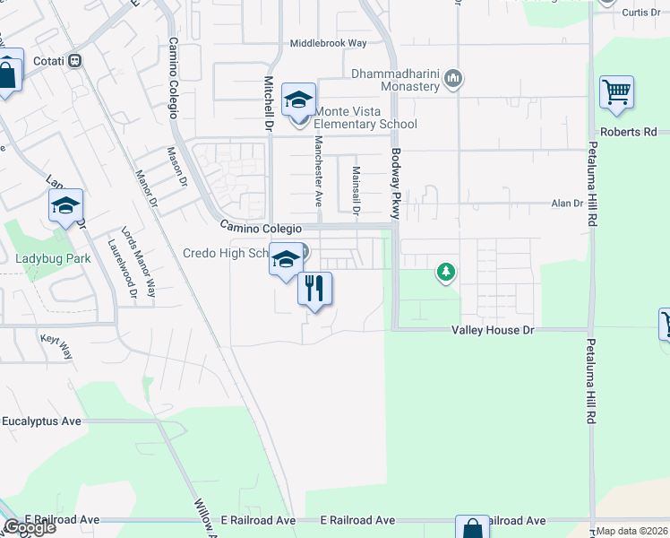 map of restaurants, bars, coffee shops, grocery stores, and more near 1500 Valley House Dr in Rohnert Park