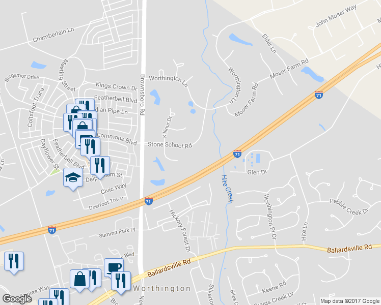 map of restaurants, bars, coffee shops, grocery stores, and more near 10210 Stone School Road in Prospect