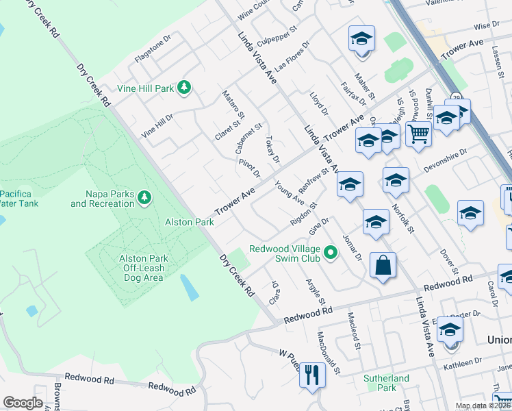 map of restaurants, bars, coffee shops, grocery stores, and more near 3974 Montrose Street in Napa
