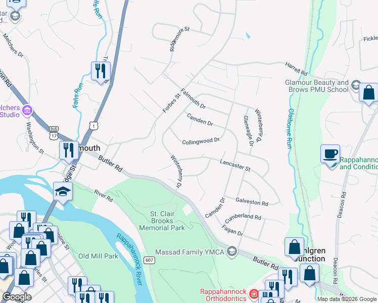 map of restaurants, bars, coffee shops, grocery stores, and more near 653 Lancaster Street in Fredericksburg