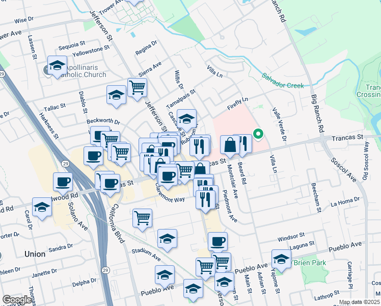 map of restaurants, bars, coffee shops, grocery stores, and more near 1254 Trancas Street in Napa