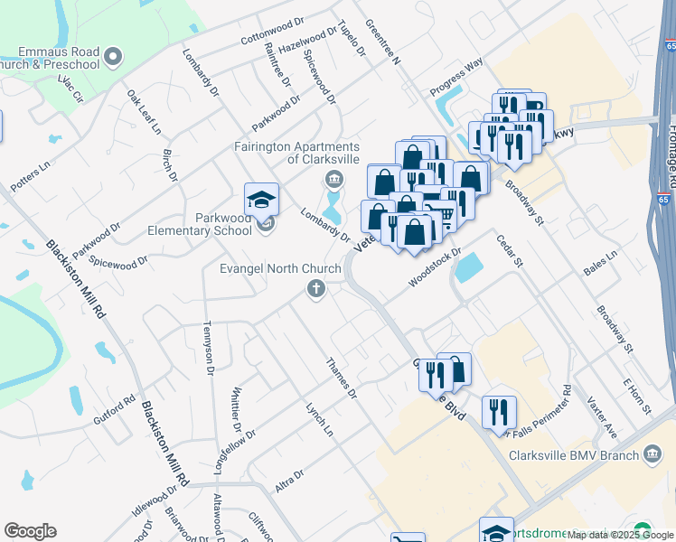 map of restaurants, bars, coffee shops, grocery stores, and more near 1925 Greentree Boulevard in Clarksville