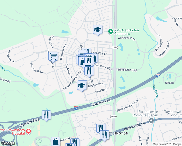 map of restaurants, bars, coffee shops, grocery stores, and more near 10619 Meeting Street in Prospect