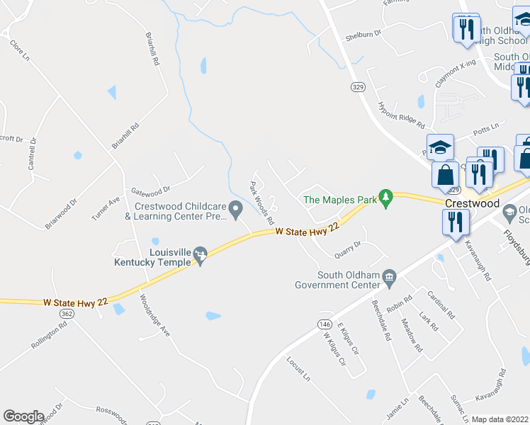 map of restaurants, bars, coffee shops, grocery stores, and more near 8005 Park Woods Road in Crestwood