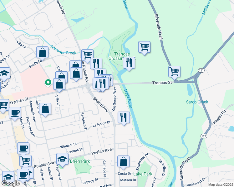 map of restaurants, bars, coffee shops, grocery stores, and more near 4 Towpath Drive in Napa