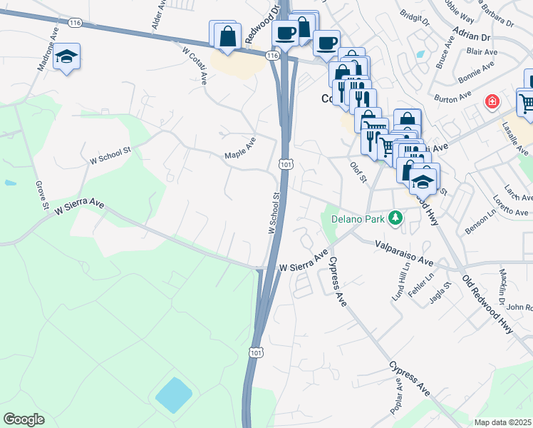 map of restaurants, bars, coffee shops, grocery stores, and more near 470 W School St in Cotati