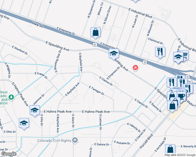 map of restaurants, bars, coffee shops, grocery stores, and more near 636-640 East Clarion Drive in Pueblo West