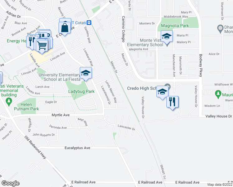 map of restaurants, bars, coffee shops, grocery stores, and more near 8736 Lords Manor Way in Rohnert Park