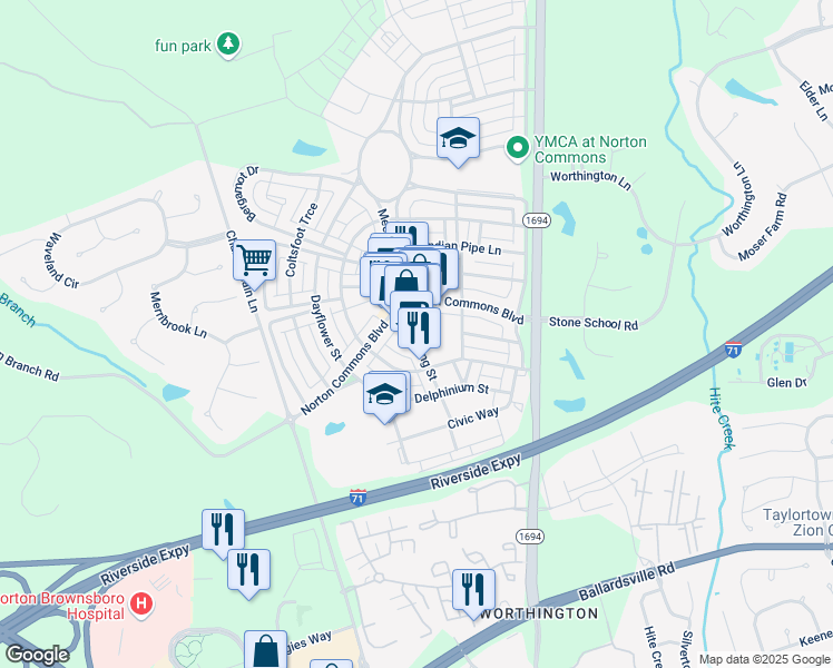 map of restaurants, bars, coffee shops, grocery stores, and more near 10616 Meeting Street in Prospect