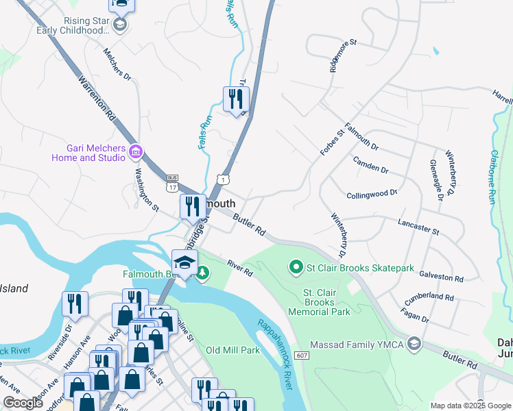 map of restaurants, bars, coffee shops, grocery stores, and more near 311 Colonial Avenue in Fredericksburg
