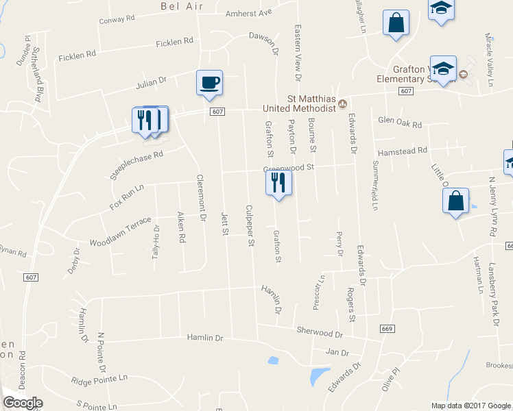 map of restaurants, bars, coffee shops, grocery stores, and more near 708 Culpeper Street in Fredericksburg