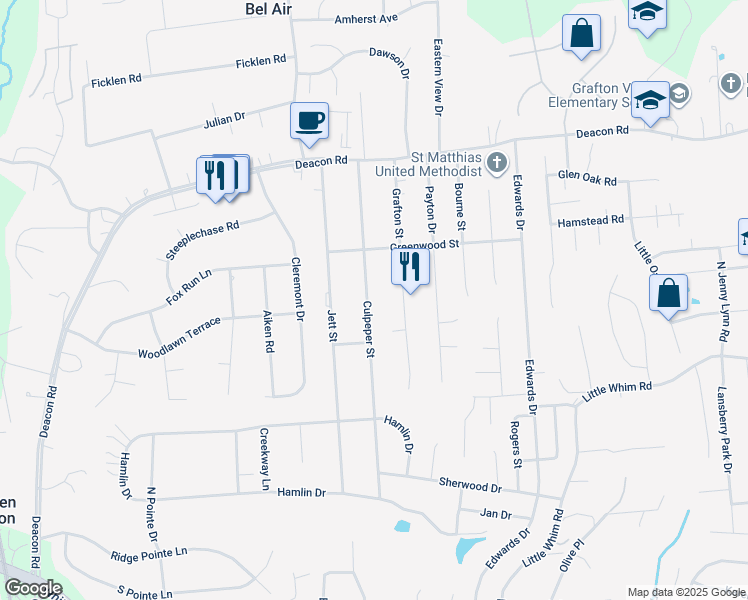 map of restaurants, bars, coffee shops, grocery stores, and more near 708 Culpeper Street in Fredericksburg