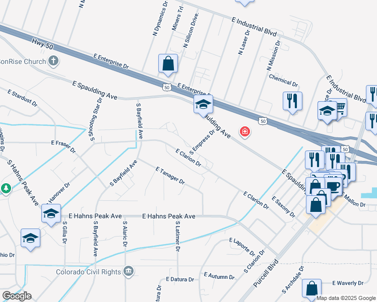 map of restaurants, bars, coffee shops, grocery stores, and more near 657 East Clarion Drive in Pueblo West