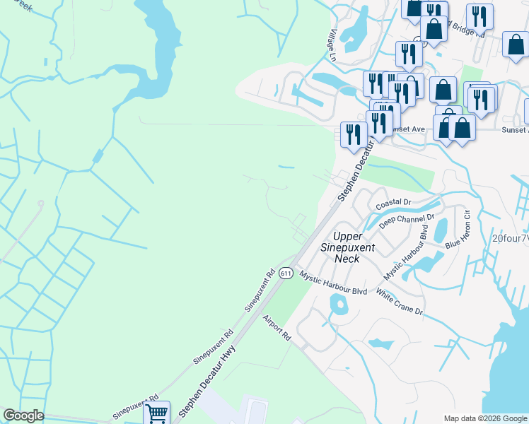 map of restaurants, bars, coffee shops, grocery stores, and more near in West Ocean City