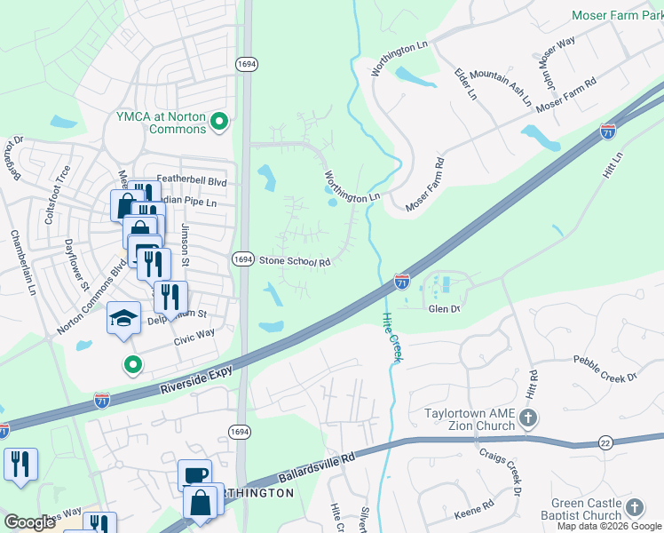 map of restaurants, bars, coffee shops, grocery stores, and more near 10210 Stone School Road in Prospect