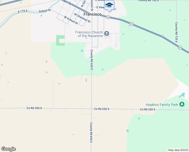 map of restaurants, bars, coffee shops, grocery stores, and more near 2270 County Road 650 East in Francisco