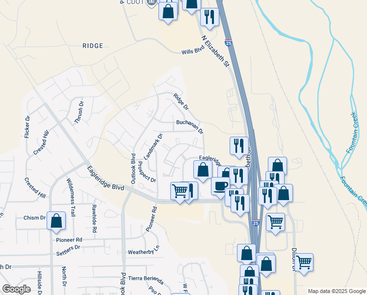 map of restaurants, bars, coffee shops, grocery stores, and more near 4737 Eagleridge Circle in Pueblo