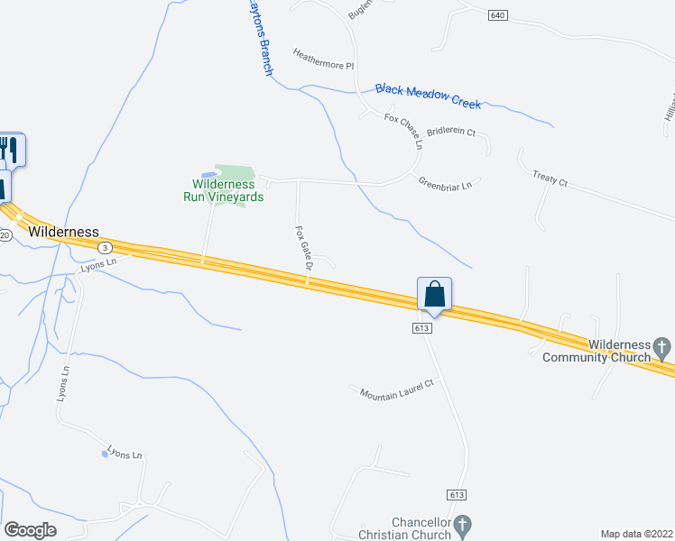 map of restaurants, bars, coffee shops, grocery stores, and more near 13203 Fox Gate Drive in Spotsylvania Courthouse