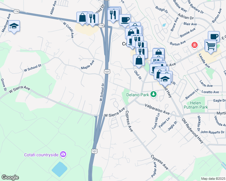 map of restaurants, bars, coffee shops, grocery stores, and more near 423 Christensen Lane in Cotati