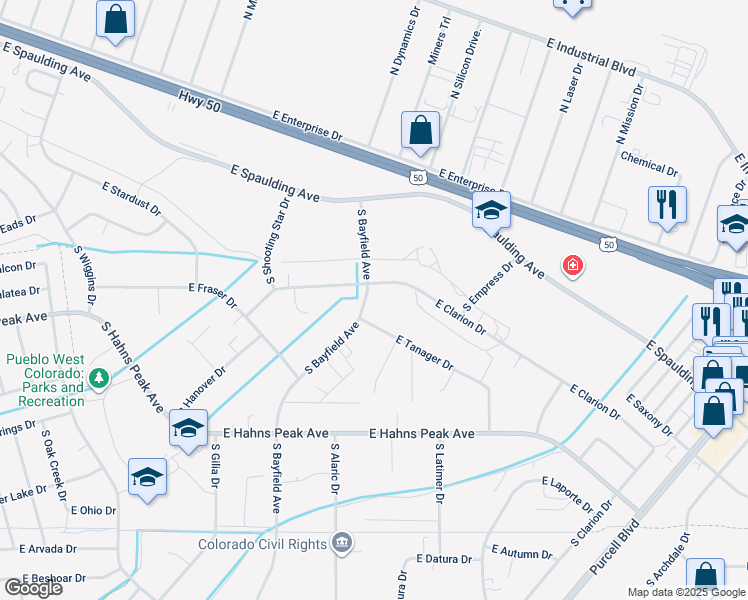 map of restaurants, bars, coffee shops, grocery stores, and more near 206 South Bayfield Avenue in Pueblo West