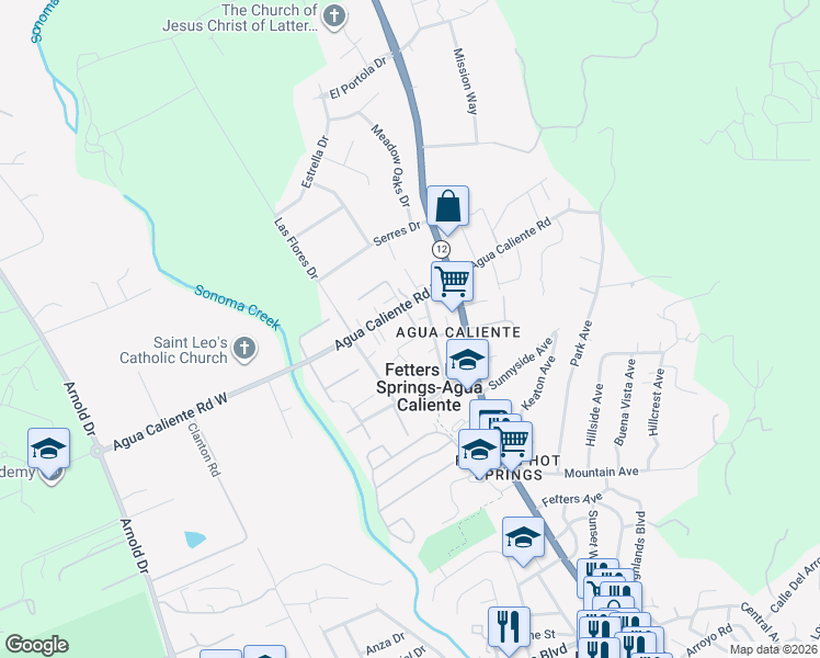 map of restaurants, bars, coffee shops, grocery stores, and more near 120 Agua Caliente Road West in Sonoma
