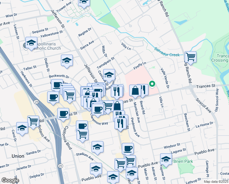 map of restaurants, bars, coffee shops, grocery stores, and more near 1254 Trancas Street in Napa