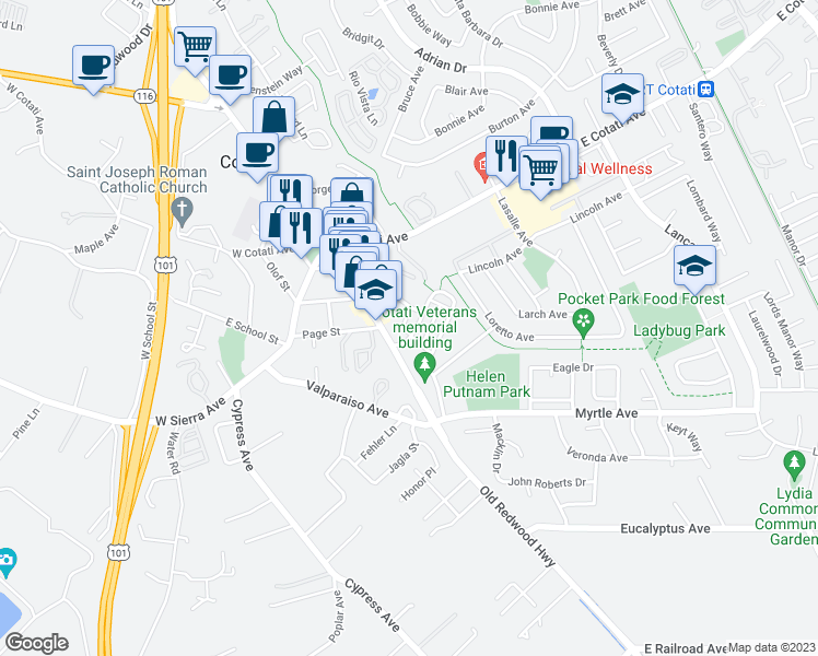 map of restaurants, bars, coffee shops, grocery stores, and more near 649 McGinnis Circle in Cotati