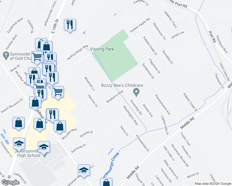 map of restaurants, bars, coffee shops, grocery stores, and more near 3508 Blueberry Way in Jeffersonville