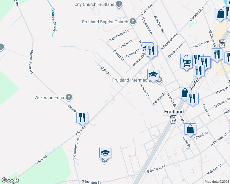 map of restaurants, bars, coffee shops, grocery stores, and more near 311 South Camden Avenue in Fruitland