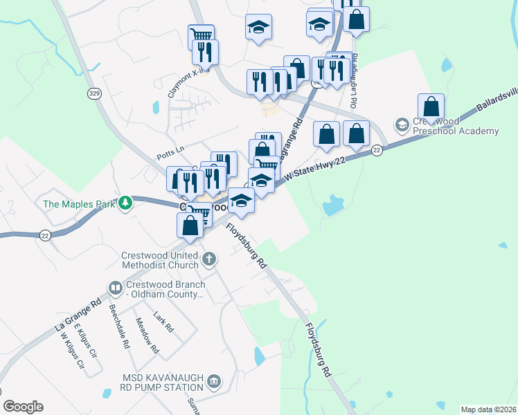 map of restaurants, bars, coffee shops, grocery stores, and more near 6500 Kentucky 146 in Crestwood