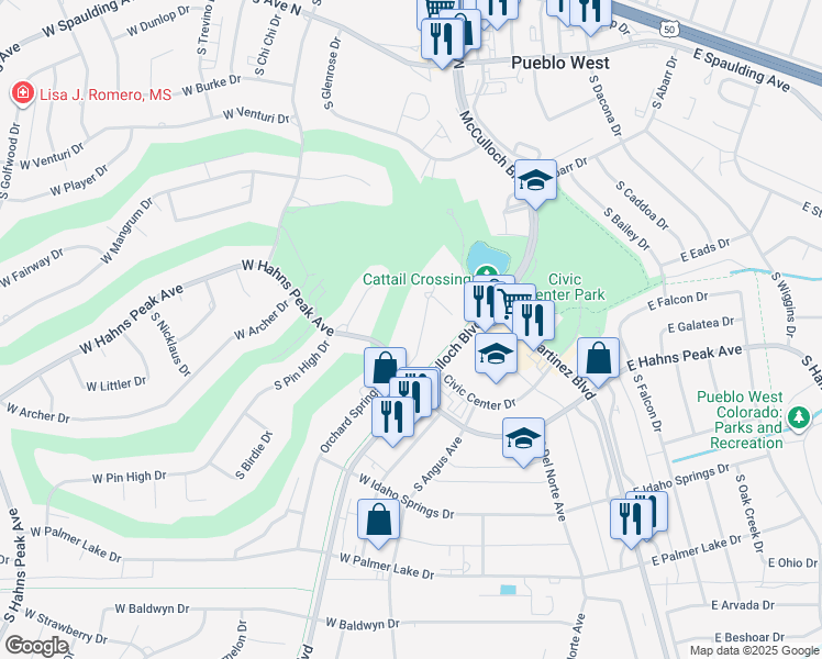 map of restaurants, bars, coffee shops, grocery stores, and more near 69 South Villa Del Sol Court in Pueblo