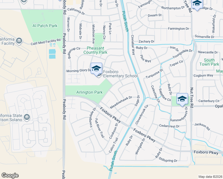 map of restaurants, bars, coffee shops, grocery stores, and more near 701 Peregrine Way in Vacaville