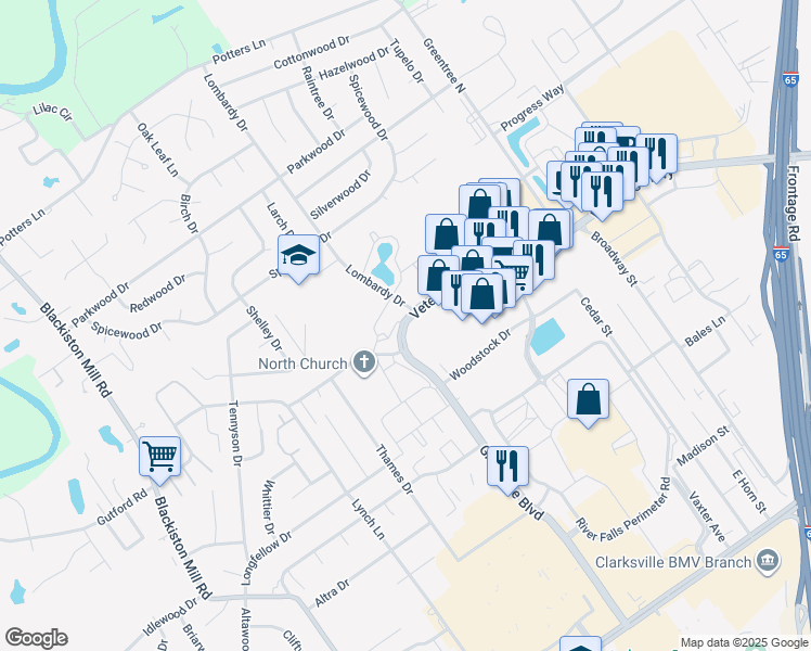 map of restaurants, bars, coffee shops, grocery stores, and more near in Clarksville