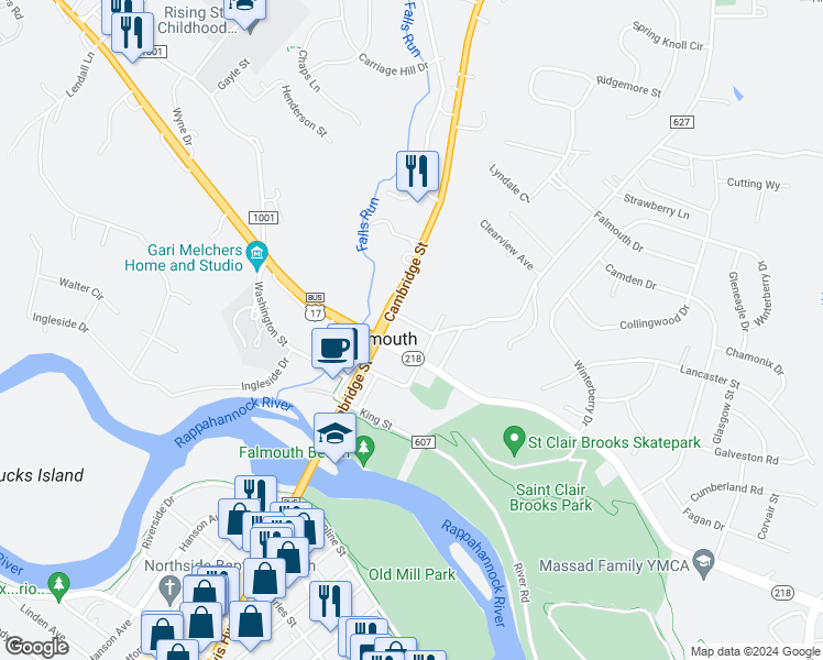 map of restaurants, bars, coffee shops, grocery stores, and more near 110 Forbes Street in Fredericksburg