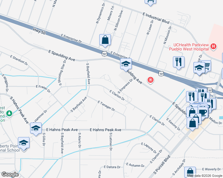 map of restaurants, bars, coffee shops, grocery stores, and more near 627 East Clarion Drive in Pueblo West