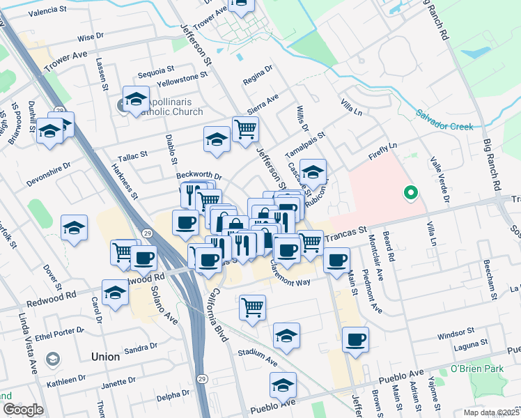 map of restaurants, bars, coffee shops, grocery stores, and more near 3536 Beckworth Drive in Napa