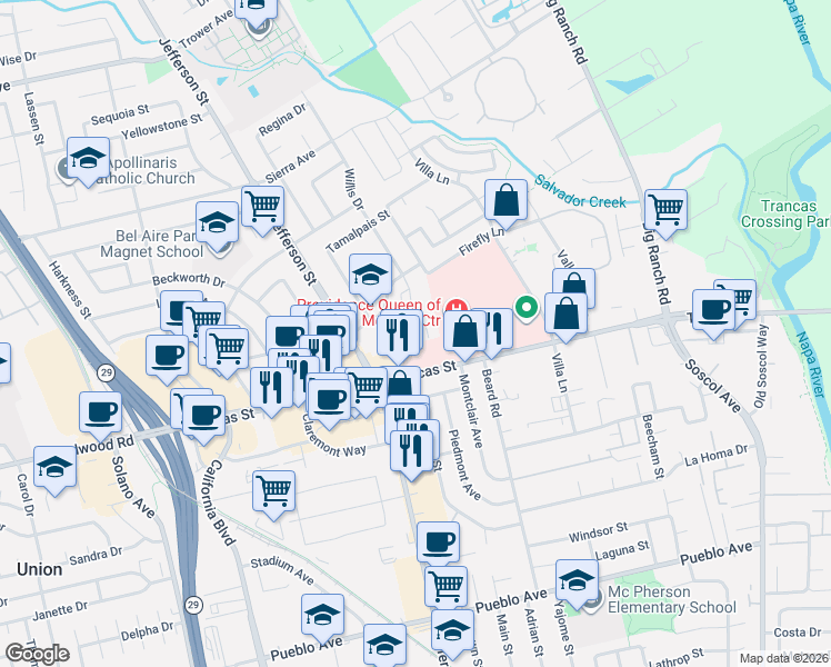 map of restaurants, bars, coffee shops, grocery stores, and more near 3460 Willis Drive in Napa