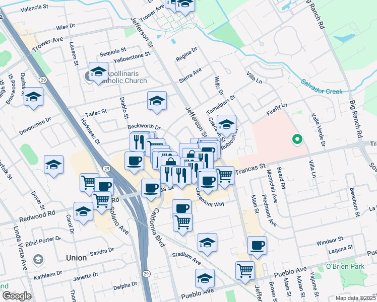 map of restaurants, bars, coffee shops, grocery stores, and more near 3536 Beckworth Drive in Napa