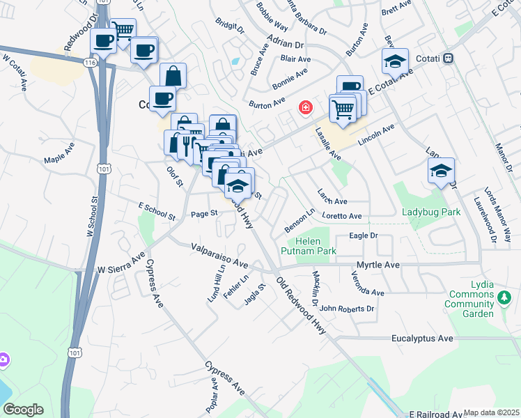 map of restaurants, bars, coffee shops, grocery stores, and more near 635 McGinnis Circle in Cotati